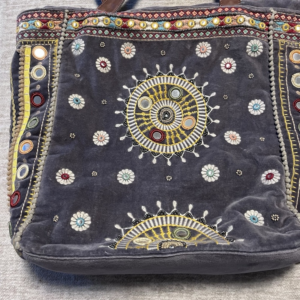 Mira Embroidered Velvet Tote Bag Boho‎ Gypsy Mirror Work Handmade Purse - Picture 2 of 8